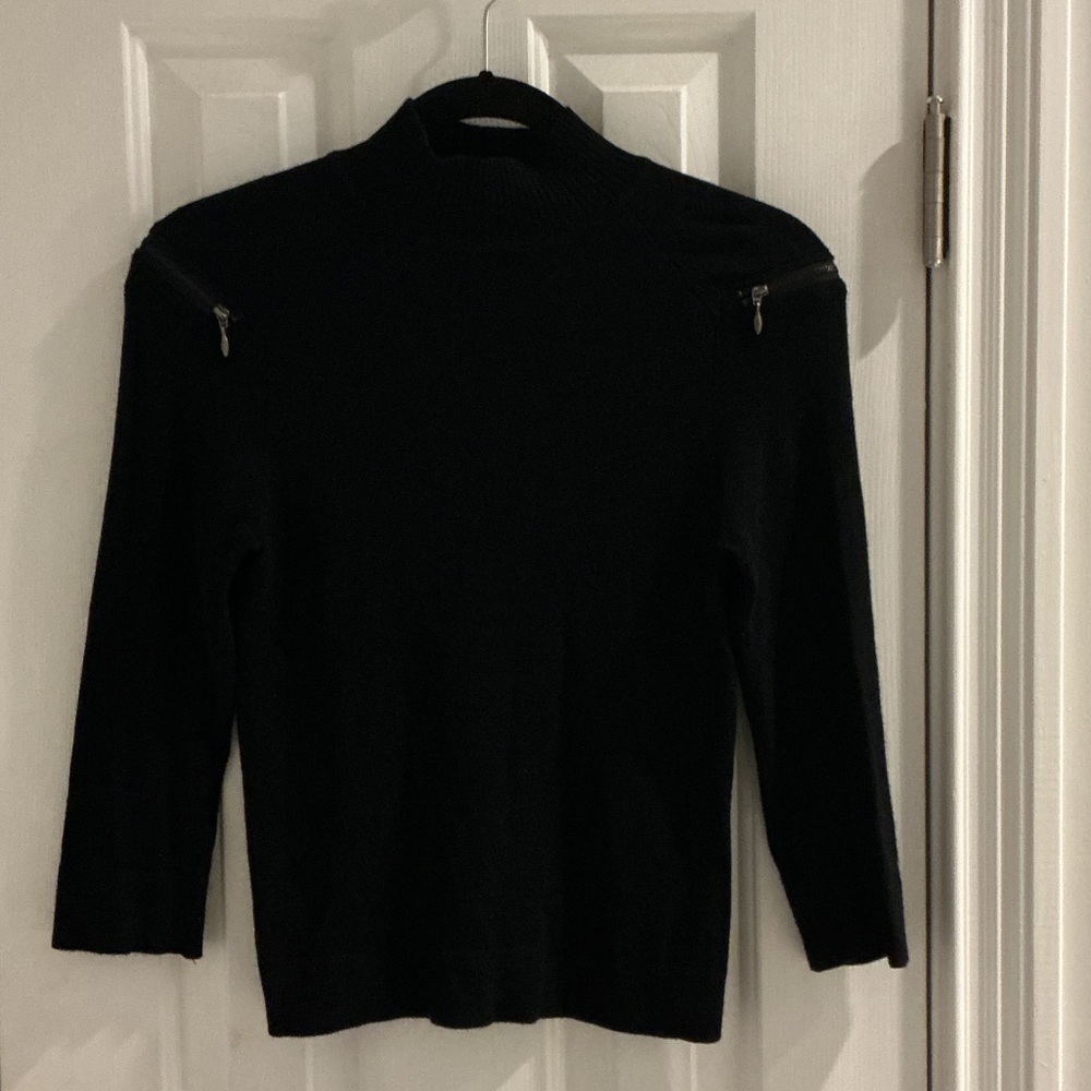 Cache Black Zip-Shoulder Mock Neck Sweater